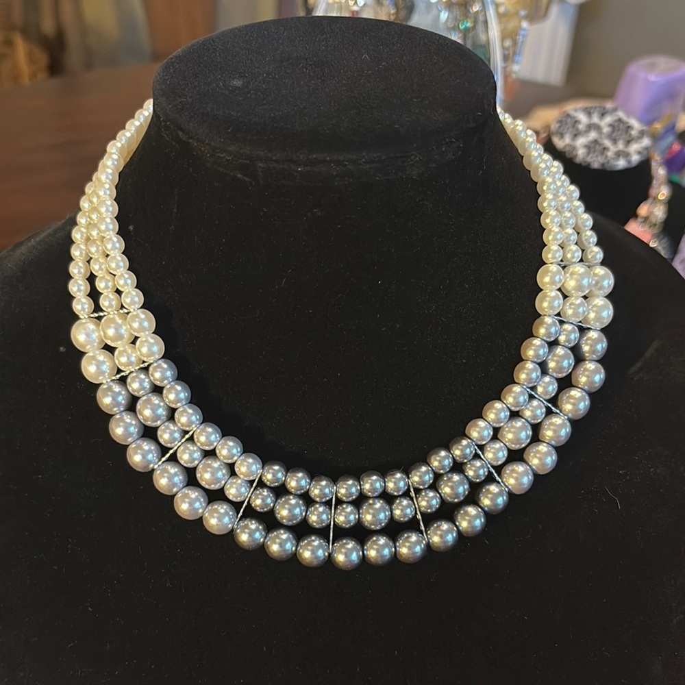 Classic Triple Strand Faux Pearl Lightweight Bib Statement Necklace